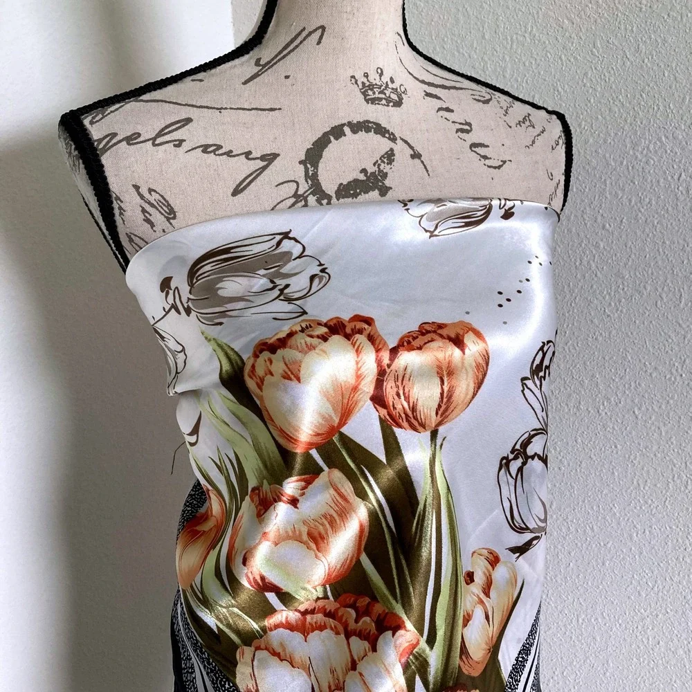Floral print art Satin square Oversized boho hair neck scarf Romantic preppy 💖